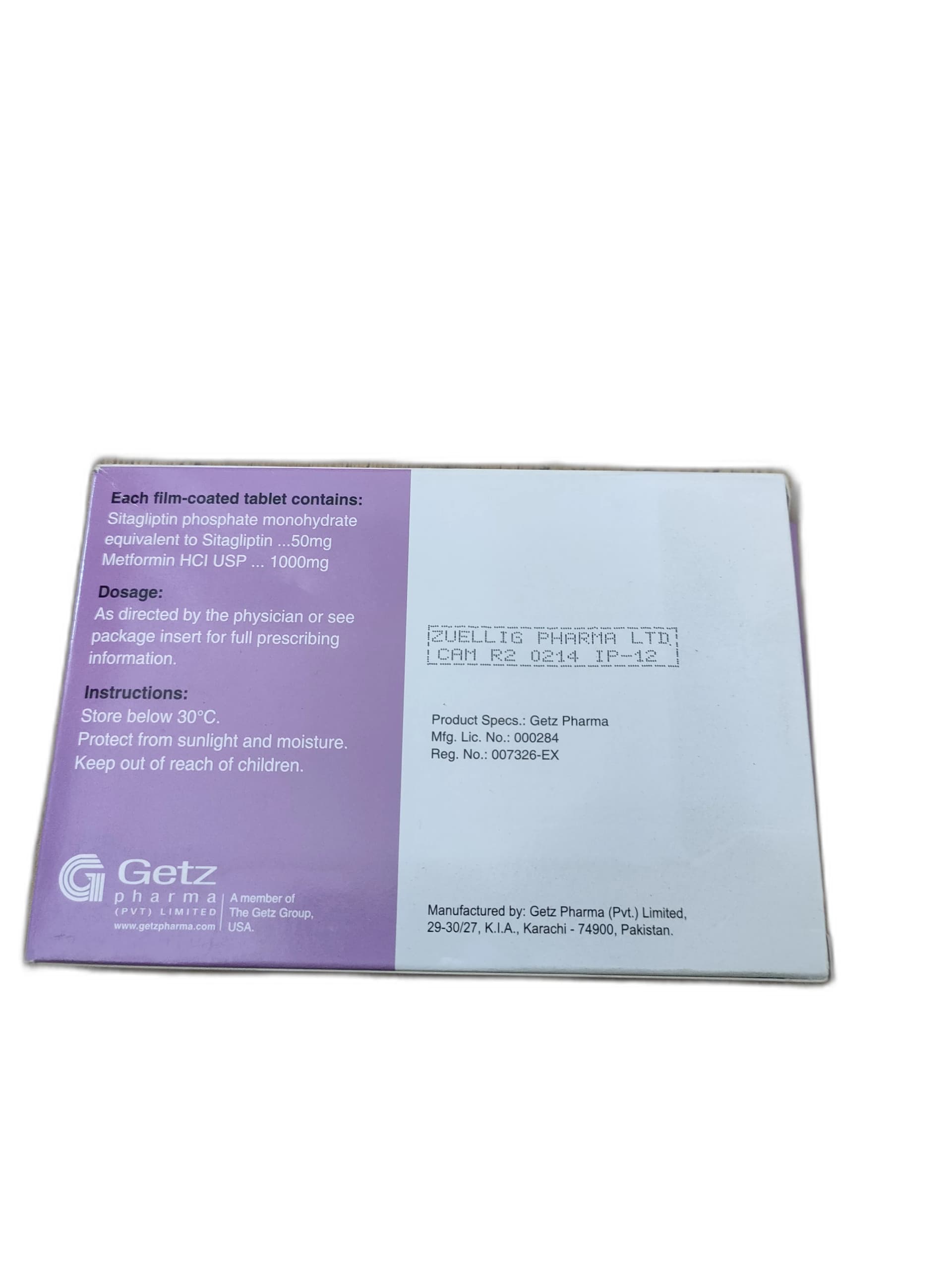 Sitagliptin and Metformin 50mg/1000mg